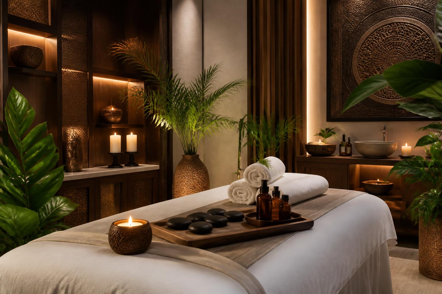 Salle de soin luxueuse avec bougies, serviettes blanches et plantes tropicales